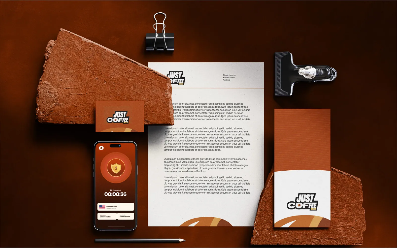 Unified physical/digital stationery suite including notebook and business card mockups.