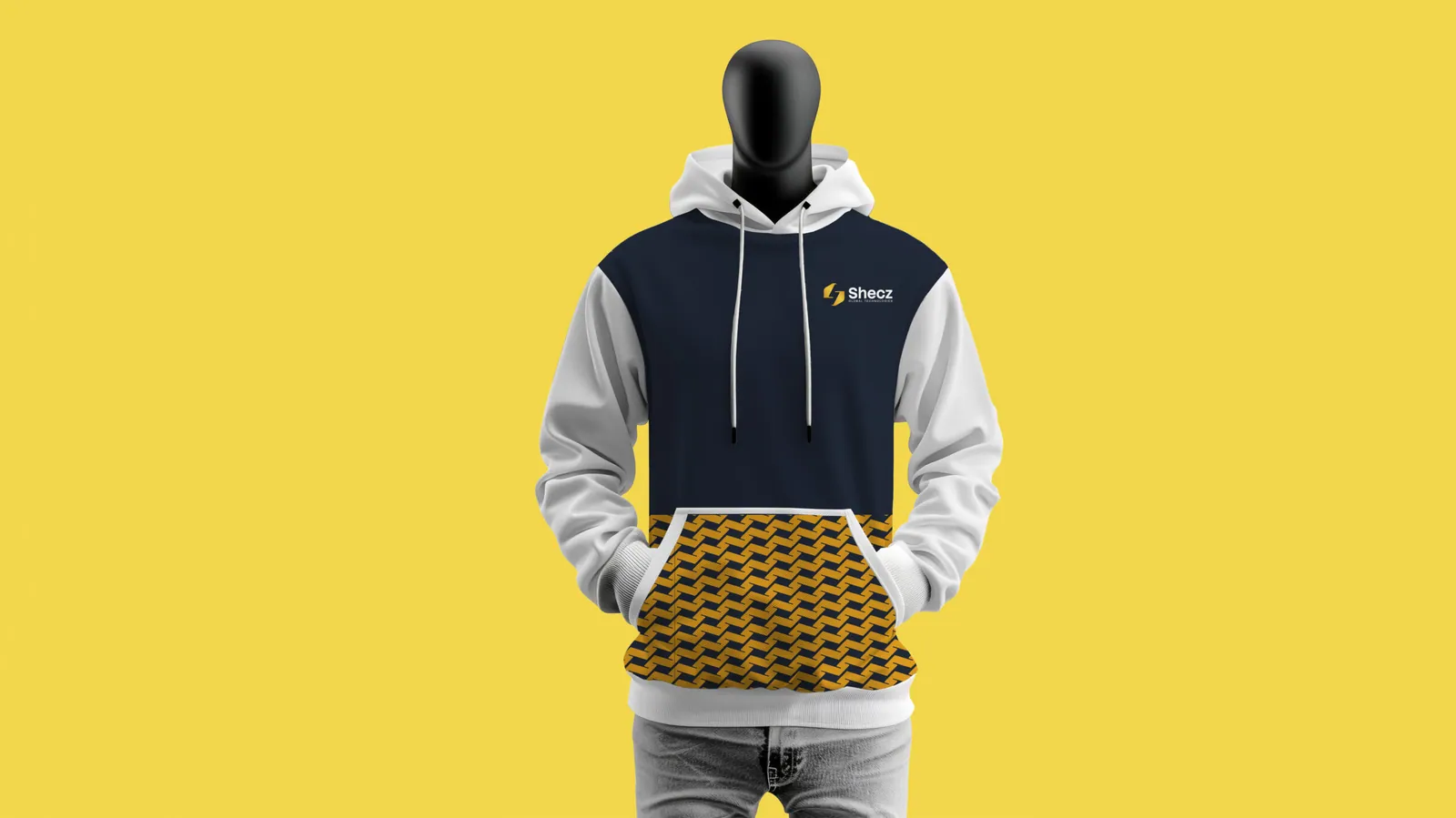 Premium dark mannequin hoodie showcasing strategic pattern alignment.